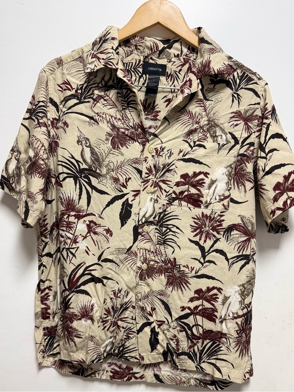 Claiborne Beige Short-Sleeve Tropical Print Button-Down Shirt